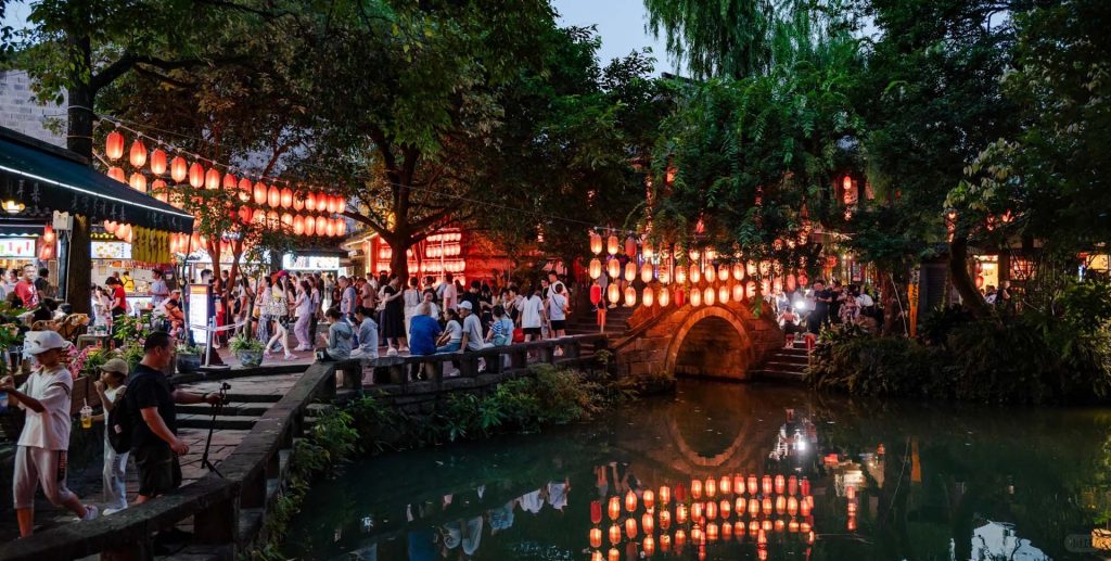 Jinli Ancient Street at dusk with lanterns
