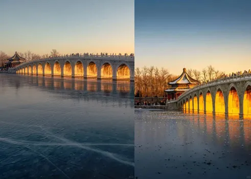 Seventeen-Arch Bridge at sunset with golden light piercing through all arches, reflection on frozen lake surface