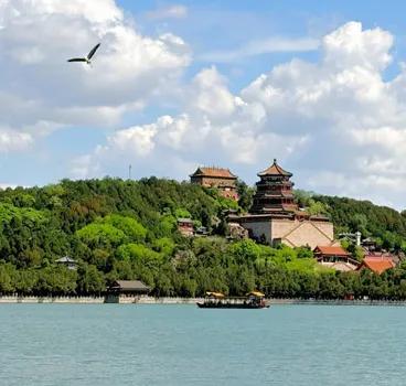 Aerial view of Kunming Lake with Longevity Hill and Tower of Buddhist Incense in the background, Summer Palace Beijing