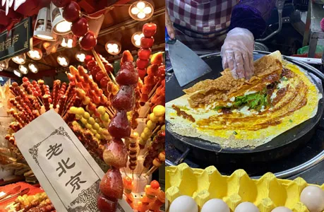 Beijing street food tanghulu candied hawthorn skewer and jianbing crepe at local hutong stall