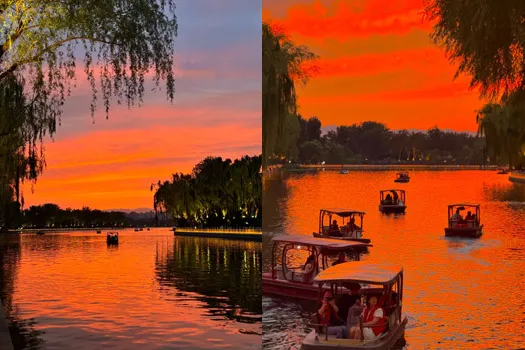 Silver Ingot Bridge Yinding Qiao Houhai lake sunset golden hour willow trees Beijing